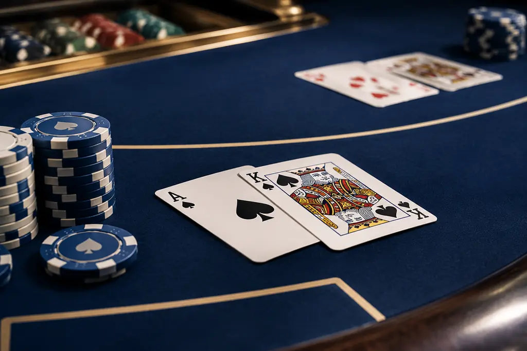 Ilustrasi kartu as dan kartu bernilai sepuluh di meja blackjack