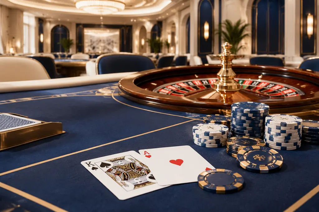 Ilustrasi ruang kasino dengan meja kartu dan roda roulette