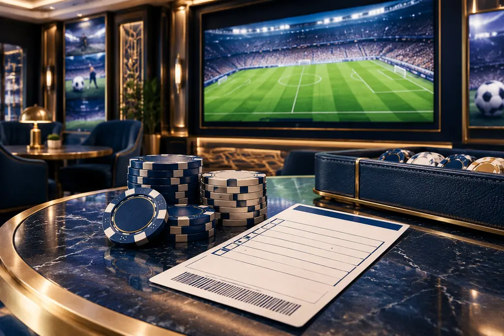 Ilustrasi area sportsbook kasino dengan layar lapangan sepak bola